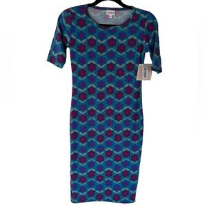 LuLaRoe Julia Blue and Pink Flowered Dress with Mid Length Sleeves